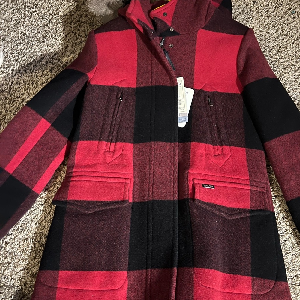 Woolrich Red and Black Checkered Pea Coat
